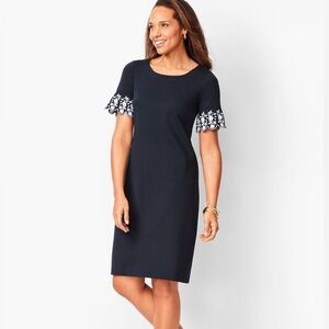 Talbots dark navy blue sheath dress with sleeve embroidery xl